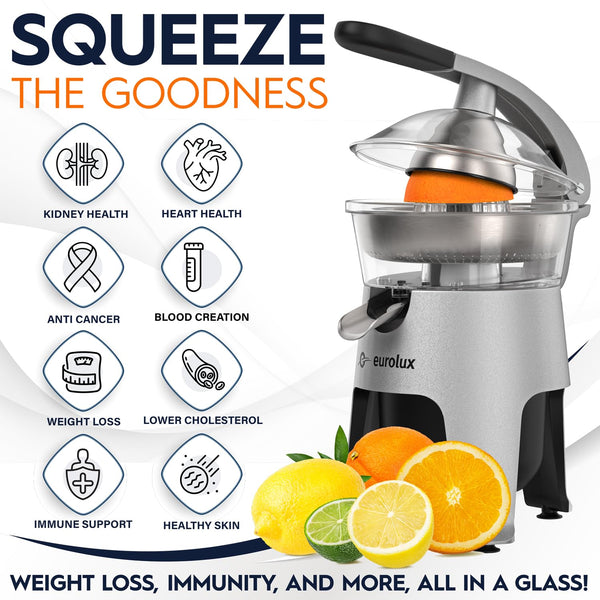 Eurolux Die Cast Stainless Steel Electric Citrus Juicer Squeezer, for Orange, Lemon, Grapefruit | 300 Watts of Power, With 2 Stainless Steel Filter Sizes for Pulp Control