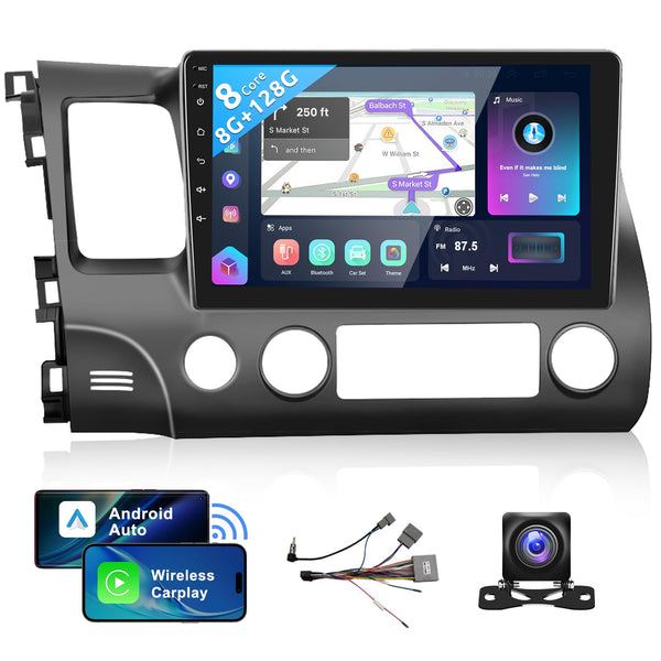 Podofo 8 Core 8+128G Android Car Radio Stereo for Honda Civic 2006-2011 with Wireless Carplay Android Auto, 10.1" QLED Touch Screen, WiFi/4G, GPS, DSP/Hi-Res, AM/FM, Bluetooth 5.0, Backup Camera