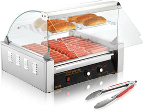 VEVOR Hot Dog Roller, 30 Hot Dog Capacity 11 Rollers, 1800W Stainless Steel Cook Warmer Machine w/Cover & Dual Temp Control, LED Light & Detachable Drip Tray, Sausage Grill Cooker for Kitchen Canteen