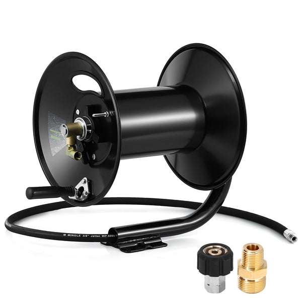 M MINGLE Pressure Washer Hose Reel 200ft, Heavy Duty Steel Hose Reel, Manual Crank Power Washer Hose Reel with Swivel Arm, 3/8" NPT Outlet Pipe, 4000 PSI