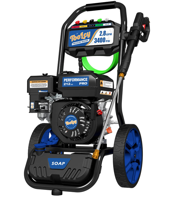 TOOLCY 3400 PSI Gas Pressure Washer, 2.8 GPM, Gas Powered Gas Power with Soap Tank, Reinforced Pump, 212cc OHV Engine, 35 Feet Pressure Hose, Quick Connect Swivel Pressure Gun, 5 Nozzles for Homes