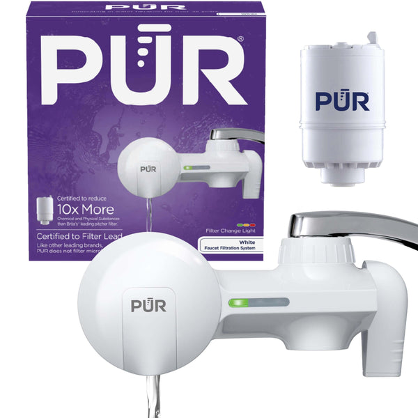 PUR Horizontal Faucet Mount Water Filtration System with Lead Reducing Filter for Cleaner, Filtered Tap Water, Lasts 100 Gallons, Sink Water Filter, White