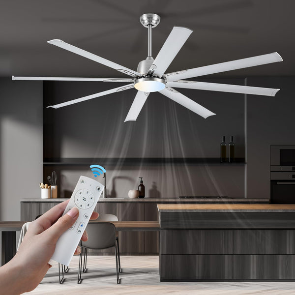 72 lnch lndustrial Celing Fan with Light and Remote Control,Large Celing Fan with 8 Brushed Nickel Aluminum Blades,6 Speed Noiseless DC Motor,Wet Rated Indoor Outdoor Ceiling Fans for Patio,Garage.