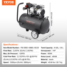 VEVOR Air Compressor, 8 Gallon Steel Tank, 1HP 2.2 CFM@90 PSI Oil Free Air Compressor & Max. 120PSI Pressure, 80dB Ultra Quiet Portable Compressor, for Auto Repair, Tire Inflation, Spray Painting