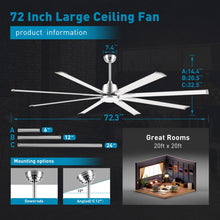 72 lnch lndustrial Celing Fan with Light and Remote Control,Large Celing Fan with 8 Brushed Nickel Aluminum Blades,6 Speed Noiseless DC Motor,Wet Rated Indoor Outdoor Ceiling Fans for Patio,Garage.