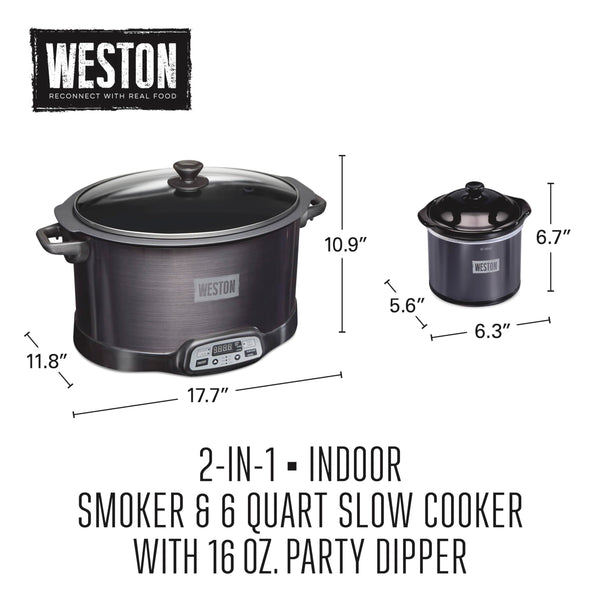 WESTON 2-in-1 Programmable Slow Cooker & Electric Indoor Smoker, 6 Quart, 3-Tier Smoking Rack for Meat, Cheese and More, Dishwasher Safe Crock, Temperature Probe, Includes 16 oz. Party Dipper, Black