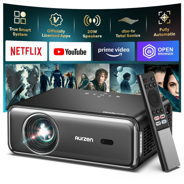 Aurzen EAZZE D1 Pro Smart Projector with WiFi and Bluetooth, Netflix Official, 20W Speakers, Dolby Audio & dbx-tv Total Sonics, Auto Focus & Keystone, Native 1080P Portable Outdoor Movie Projector