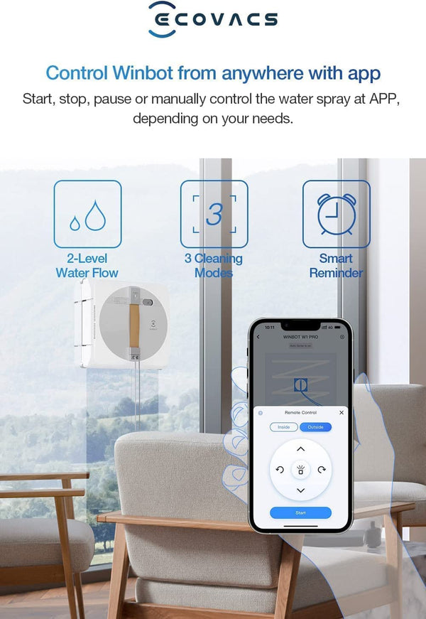 ECOVACS Winbot W1 Pro Window Cleaning Robot, Intelligent Cleaning with Dual Cross Water Spray Technology, Win SLAM 3.0 Path Planning, 2800Pa Suction Power, Edge Detection Technology, App Control,Grey