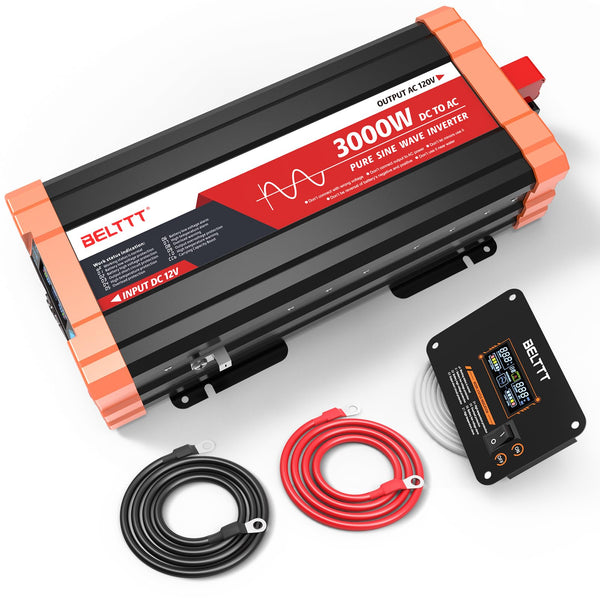 BELTTT 3000W Pure Sine Wave Inverter 12V DC to 120V AC for RV, Truck, Off-Grid, Home, Solar Car Power Inverter with Dual AC, 20A Socket, 5V 2.1A USB, Hardwire Port, Remote Controller 23Ft Cable