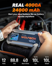 WOLFBOX 4000A Jump Starter,12V Car Battery Jump Starter with 65W Quick Charger,LED Display,24000mAh Portable Jump Starter Battery Pack(10L Gas 10L Diesel Engine) with Booster,LED Light,Jumper Cables