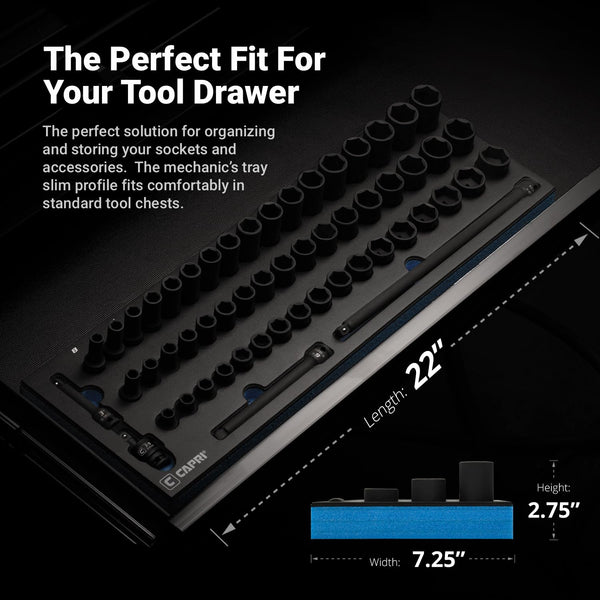 Capri Tools 3/8 in. Drive Master Shallow, Semi-Deep and Deep Impact Socket Set with Extensions and Universal Joint, Metric, 8 to 24 mm, 55-Piece with Mechanic's Tray