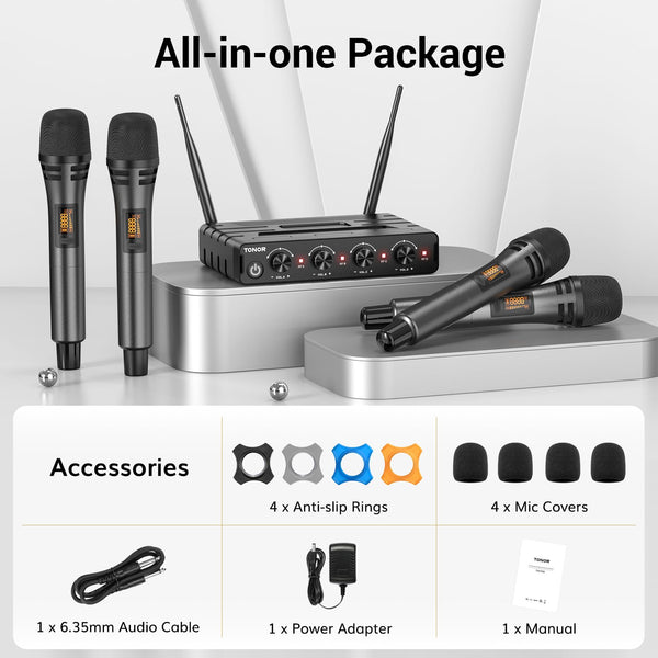 TONOR Wireless Microphones System with 4x10 Channels Cordless Handheld Microfono Inalambrico, 200FT UHF Range, Mics with Stable Signal Transmission for Karaoke Singing Party Church Wedding PA Speaker