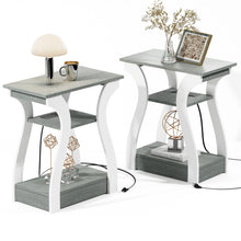 FROMJBEST End Tables Living Room Set of 2, End Table with Charging Station, Grey End Table with USB,Grey Side Table, Nightstand for Bedroom, 3 Tier End Table with Storage Shelf for Living Room Grey