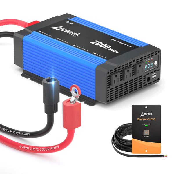 Ampeak 2000W Inverter with Anti-Spark Waterproof Cable Power Inverter Conversion Efficiency 89.37% Inverter 12V to 110V 3AC Outlets Dual 5V/3.1A USB Ports Modified Sine DC to AC Inverter for Vehicles