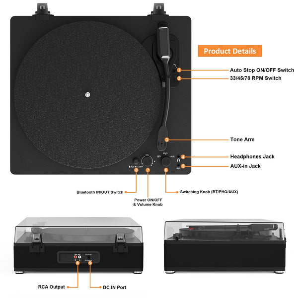 Vinyl Record Player with Wireless Bluetooth Input/Output Transmitter, Full-Size Platter, 3-Speed Turntable, Built-in Speakers, Counterweight, Auto-Stop, RCA/AUX Out, Black