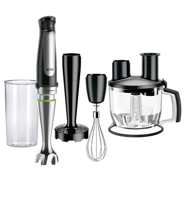 Braun 4-in-1 Immersion Hand Blender, Powerful 500W Stainless Steel Stick Blender, Variable Speed + 6-Cup Food Processor, Whisk, Beaker, Masher, Finer Blending, MultiQuick MQ7077