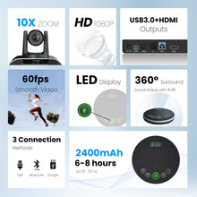 TONGVEO 10x Zoom Conference Room Video Camera System, All-in-One HD 1080P 60fps 10X Optical Zoom USB3.0 HDMI PTZ Camera and Bluetooth Conference Speaker with Microphones Bundle for Medium Room