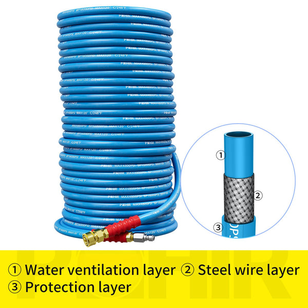 POHIR 150ft Pressure Washer Hose 3/8" 4800 PSI, Kink Resistant Industrial Grade Hose with Quick Connect Ends and Adapters for Hot & Cold Water up to 248°F, Steel Wire Braided Hose for Power Washing