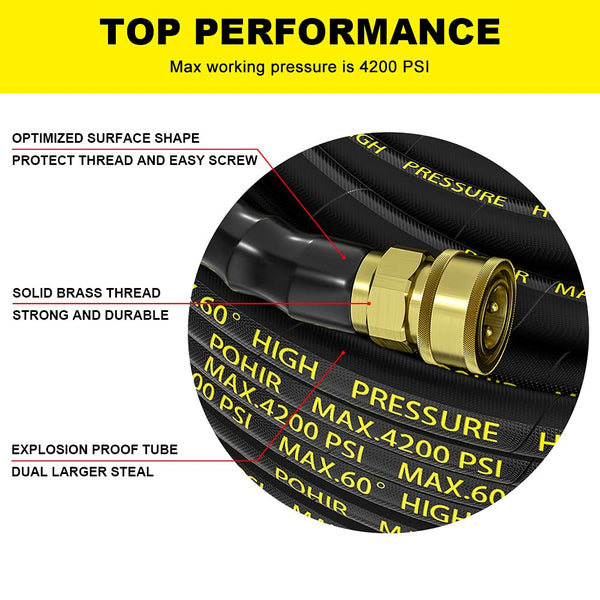 POHIR Power Washer Hose 125FT, High Pressure Washer Hose with 3/8'' Quick Connector, Steel Wire Braided Hose with 2 Quick Connect Kits Compatible M22 14 mm, Hose for Pressure Washer 4200 PSI