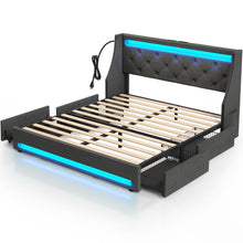 Rolanstar Queen Bed Frame with LED Lights and Charging Station, Upholstered Bed with Drawers, Wooden Slats, Noise Free, Easy Assembly, Dark Gray