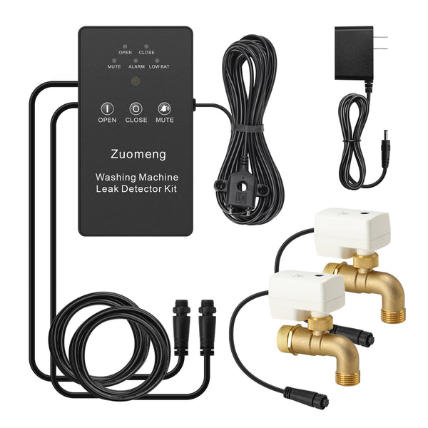 Zuomeng Washing Machine Water Leak Detector Kit with Dual Power Supply, Precise Sensor, Automatic Shut-Off Hot & Cold Valves 3/4" 90° , Alarm Sound and Alarm Light