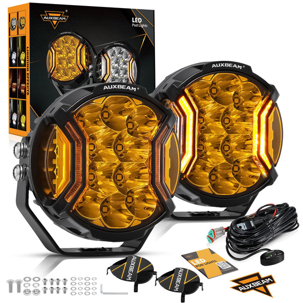 Auxbeam V-ULTRA Series LED Round Light Pods, 5 Inch 172W Offroad Driving Side Shooter Light with Amber DRL, 270° Wide Range 20400LM Yellow/Amber Fog Light Hyper Spot Beam Ditch Lights with Black Cover