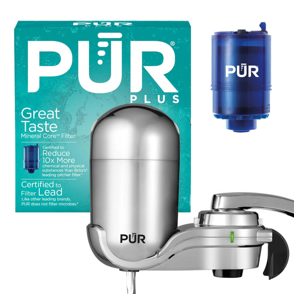 PUR PLUS Vertical Faucet Mount Water Filtration System with 3-in-1 Lead Reducing Filter for Great-Tasting Filtered Tap Water, Lasts 100 Gallons, Chrome