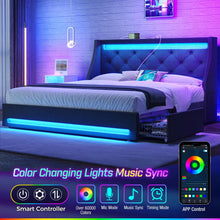 Rolanstar Queen Bed Frame with LED Lights and Charging Station, Upholstered Bed with Drawers, Wooden Slats, Noise Free, Easy Assembly, Dark Gray