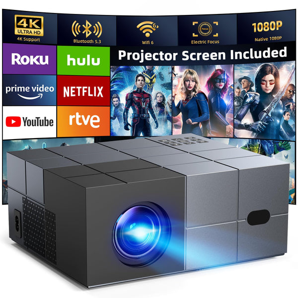 [Electric Focus] Projector with WiFi and Bluetooth, 20000LM Native 1080P Projector with Screen, YOWHICK Portable Movie Smart Projector, Home Projector 4K Supported for Phone/TV Stick /HDMI/USB Grey