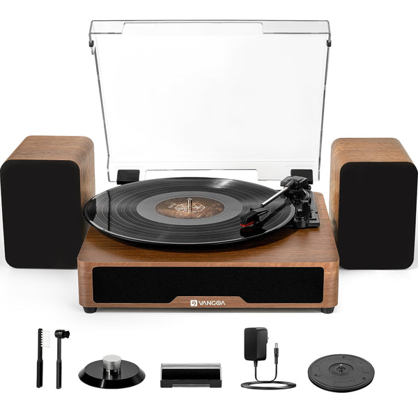 Vinyl Record Player Turntable with Built-in Bluetooth Receiver & 2 Stereo Speakers, 3 Speed 3 Size Portable Retro Record Player with Speakers Set for Entertainment and Home Decoration, Vangoa