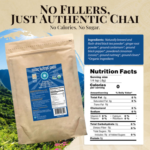 Blue Lotus Chai - Fully Organic Traditional Masala Chai - Makes 530 Cups - 1 Pound Bulk Bag Masala Spiced Chai Powder with Organic Spices - Instant Indian Tea No Steeping - No Gluten