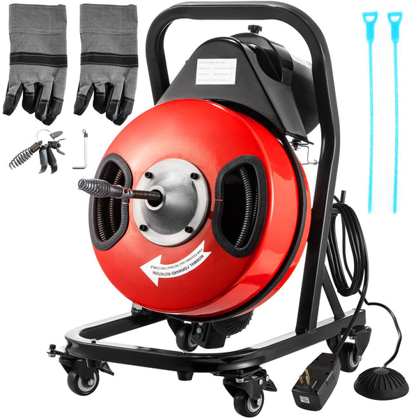 VEVOR 50FT x 1/2Inch Sewer Snake Cleaning Machine on 4 Wheels Electri Drain Auger with 4 Cutters & Foot Switch for 1''-4'' Pipes, Red, Black