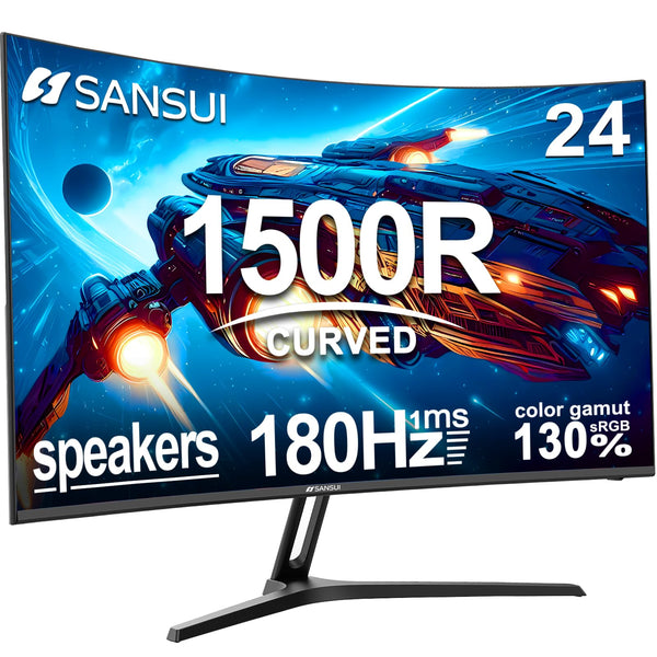 SANSUI 24 Inch Curved Gaming Monitor up to 180Hz MPRT 1ms with Built-in Speakers,FHD 1080P Computer Monitor Freesync 130% sRGB HDR,HDMI DP Ports VESA Mount Metal Stand(ES-G24C1 HDMI Cable Included)