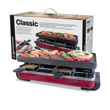 Swissmar Classic 8-Person Raclette Party Grill with Reversible Cast Iron Grill Plate/Crepe Top, Indoor Electric Raclette Grill & Griller - Red