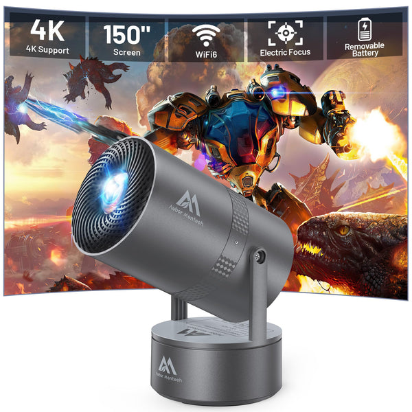 [Built-in Battery] Mini Projector with Wifi and Bluetooth, 4K 1080P Supported 270° Rotatable 150'' Screen Auto Keystone Home Outdoor Portable Smart Projector for Phone/TV/Laptop/HDMI, Iron Grey