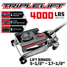 Powerbuilt 2 Ton Triple Lift Floor Jack, Lifts Cars, Trucks, Motorcycles, ATV's, Transmissions, Tie-Down Loops, Locking Safety Bar - 620422E, Silver