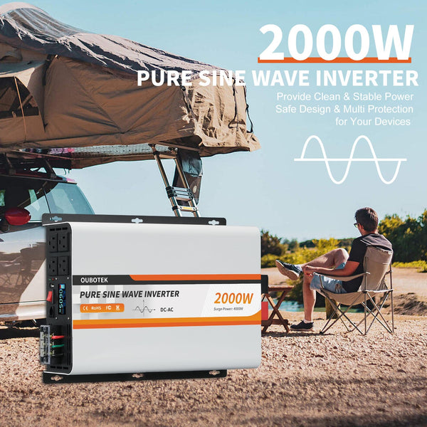 OUBOTEK 2000W Pure Sine Wave Inverter 24V DC to 120V AC Converter for Truck Boat Camping Outdoor Solar System, 2000 Watt Power Inverter with LCD Display, Remote Controller, USB Port, 4 AC Outlets