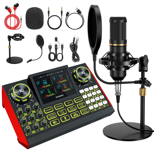 Podcast Microphone Bundle with Live Sound Card Audio Mixer, Podcast Equipment Bundle with 3.5mm Condenser Microphone for Pc/Phone Live Streaming Singing Gaming, Sound Board with Voice Changer, Denoise