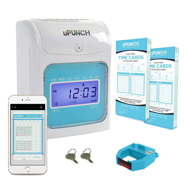 uPunch FN1000 Smart Time Clock System for Small Business: Auto Align Punch Clock with Free Mobile App for Digital Time Card Management and Payroll