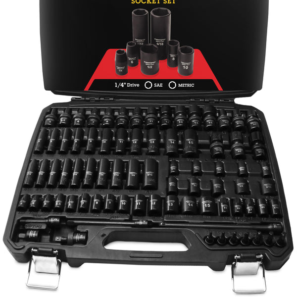 TIGHTSPOT 1/4" Drive 80pc Impact Socket MASTER SET, our Most Complete Set Ever with SAE & Metric from 3/16 Inch - 9/16 Inch, 4mm - 15mm, Standard/Deep/Universal & Torx & Inverted Torx Sockets & More