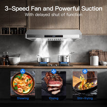 AMZCHEF Under Cabinet Range Hood 30 Inch, 750CFM Stainless Steel Kitchen Stove Vent Hood 3 Speed Exhaust Fan Button Control LED lights Dishwasher-Safe Baffle Filters Three Outlet Design