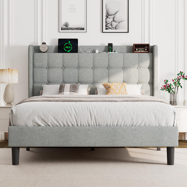 Einhomn Full Size Bed Frame, Upholstered Platform Bed Frame with Charging Station, Modern Wingback Storage Headboard, Solid Wood Slats Support, No Box Spring Needed, Light Grey