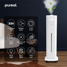 Pureal Tower Humidifier, 2.6Gal(10L) on Wheels, 3 Stage Warm&Cool Mist, Last 83 Hours, Large Room Bedroom with Mood Light, Humidity Setting, 12Hr Timer, 360°Nozzle