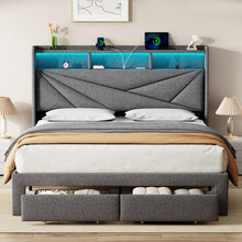 Driftalia LED King Size Bed Frame with 2 Storage Drawers, Upholstered King Bed Frame with Headboard and Charging Station, No Box Spring Needed, Easy to Assembly-Light Grey