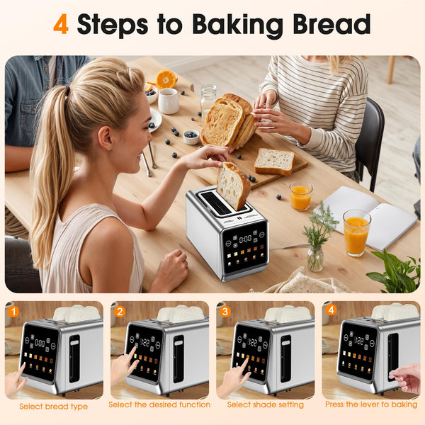 PSIIDAN Touch Screen Toaster 2 Slice, Stainless Steel Smart Digital Toasters with Single Slot Toasting, Memory Function, 5 Bread Types & 6 Shade Settings, 1.5" Toasters 2 Slice Wide Slot, 900W