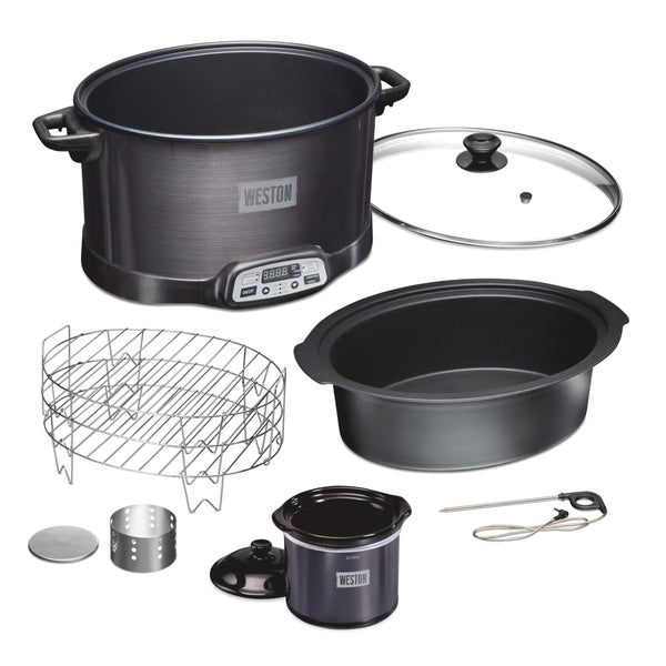 WESTON 2-in-1 Programmable Slow Cooker & Electric Indoor Smoker, 6 Quart, 3-Tier Smoking Rack for Meat, Cheese and More, Dishwasher Safe Crock, Temperature Probe, Includes 16 oz. Party Dipper, Black