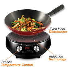 Nuwave Mosaic Induction Wok, Precise Temp Controls from 100°F to 575°F in 5°F, Wok Hei, Infuse Complex Charred Aroma & Flavor, 3 Watts 600,900 & 1500, Authentic 14-inch Carbon Steel Wok Included,Black