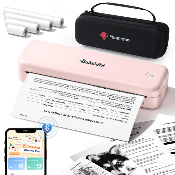 Phomemo Portable Printers Wireless for Travel Upgraded,M834 Bluetooth Thermal Printer 8.5" x 11"& A4 Size,Inkless Mobile Printer with Carry Case for Travel,Office,School,Car,Home,Pink