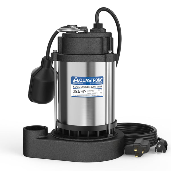 AQUASTRONG 3/4 HP Sump Pump Submersible, 4890 GPH Stainless Steel and Cast Iron Sump Pump, Automatic Float Switch with Piggy-back Plug,1-1/2" NPT Discharge Subpumps for Basement and Flooding Area