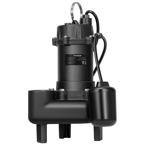 VIVOSUN 1 HP Submersible Sewage/Effluent Pump, 5220 GPH, Cast Iron Sump Pump with Automatic Adjustable Float Switch & 2'' NPT discharge, Perfect for Sewage System, Septic Tank, Basement